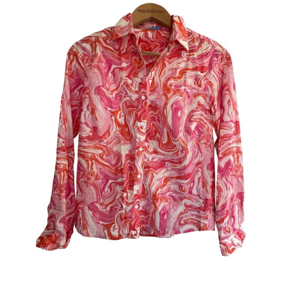 J. McLaughlin XS Pink Orange White Cotton Long Sleeve Pinwheel Button Up Blouse